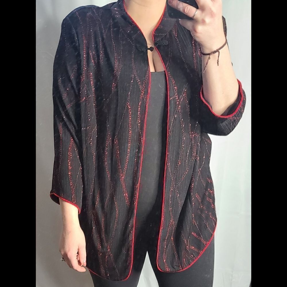 Vintage Y2K Black Red Glitter Drapey Open Front Jacket Whimsygoth